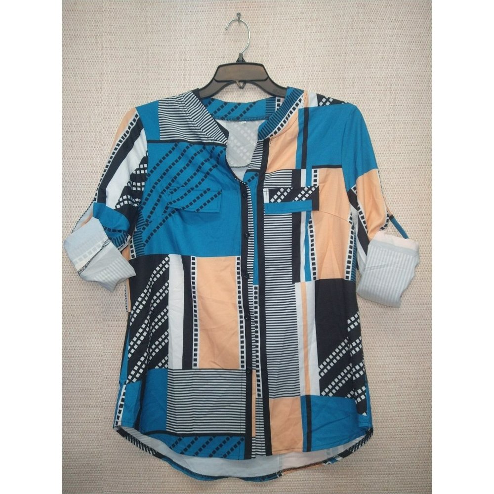 Long Sleeve multi color block button up v neck, lightweight Blouse Size XL